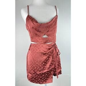 Lelis Collection Women’s Satin 2 Piece Set Rust Red Cowl Neck Crop Top & Shorts